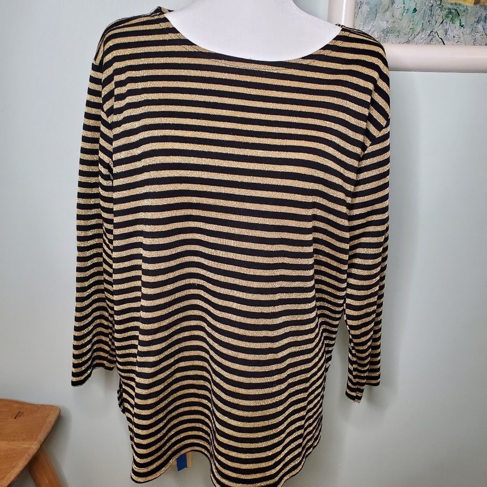 La Gold 3/4 Striped Gold & Black Shimmer Shirt Top